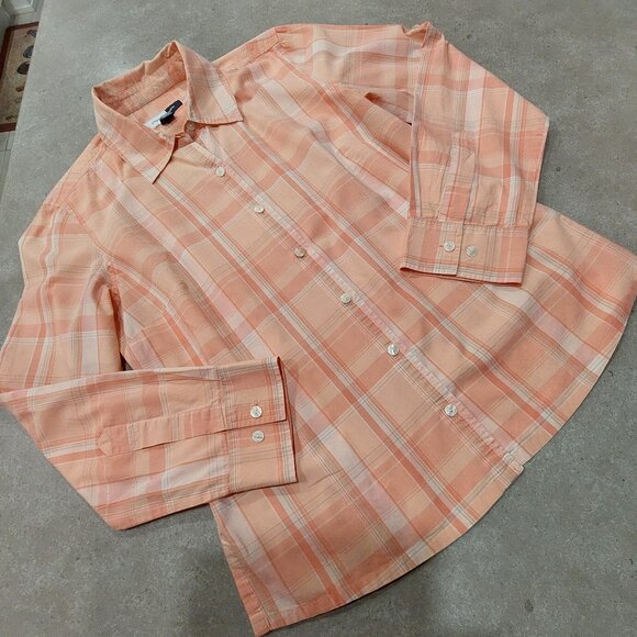 JONES WEAR STUDIO Women's Peach Plaid 100% Cotton Long Sleeves Shirt - Me… - Picture 1 of 11